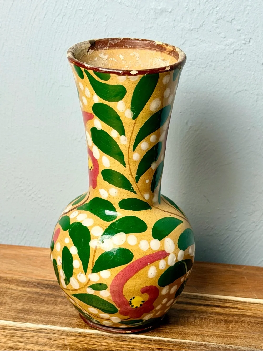 Vintage Italian Hand-Painted Yellow Floral Ceramic Vase with Pink Flowers
